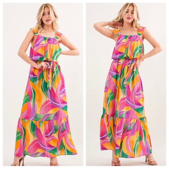05 Boho Multi Color Ruffle Sleeve Tiered Maxi Dress - Picture 3 of 5